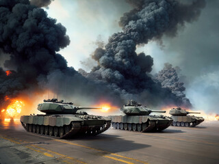 Fototapeta na wymiar Tanks on a battlefield. Heavy bombardment. Fire. Explosions. Made with Generative AI. 