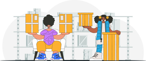 A woman and a man are holding boxes in their hands. Parcel delivery team. A visual representation of the shipment of deliveries and freight
