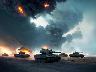 Obraz na płótnie Canvas Tanks on a battlefield. Heavy bombardment. Fire. Explosions. Made with Generative AI. 