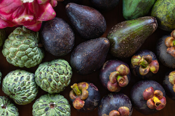 Set of Balinese fruits and vegetables . Flat lay