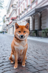 Red dog shiba inu in the city. Cute puppy on the street. A walk through the old city center.