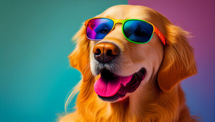 Golden retriever dog wearing sunglasses, happy cute dog with sunglasses, Generative AI - obrazy, fototapety, plakaty