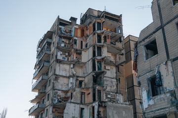 Impact on a high-rise building in the city of Dnipro, Ukraine. A residential building destroyed by an explosion after a Russian missile attack. Consequences of the explosion.