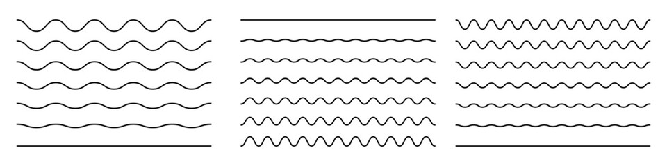 Wave line and wavy zigzag lines. Vector black underlines, smooth horizontal wavy finish, squiggles.