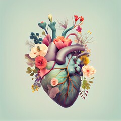 Human heart with flowers, love and emotion concept, good hearted person, help and charity, AI Generated - obrazy, fototapety, plakaty