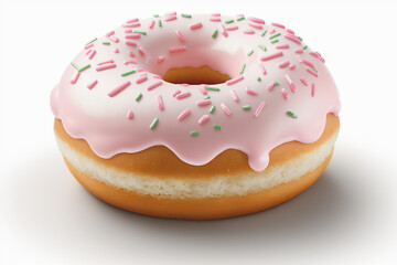 Tasty donut with pink icing and colorful sprinkles on white background. Generative AI.