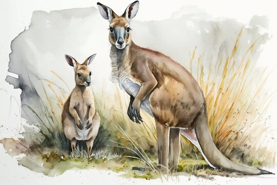 Watercolor painting of kangaroo with cub on grassy field. Generative AI.
