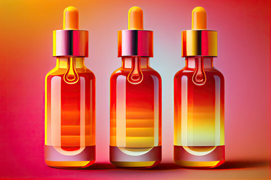 Vibrant colorful serum bottles on bright background. Red, orange and yellow colors