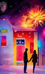 Two lovers in small town street during the holiday. Salute and fireworks on background. Digital graphics stylized as watercolor with paper texture. Raster