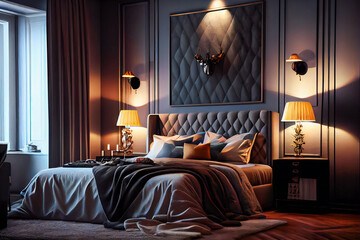 Luxuriate in the Ambiance of a Modern Luxury Bedroom with Night Lights.  Generative AI.