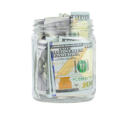 Hundred dollar bills in glass jar isolated on transparent background, saving money concept