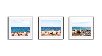 Photo frames collage, sea view, windsurfing on the horizon, interior decor mock up