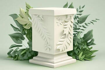 a white product display pedestal with a background of fuzzy leaves from nature. Generative AI