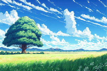 a wonderful summer feeling anime landscape scene, epic perspective, generative ai technology