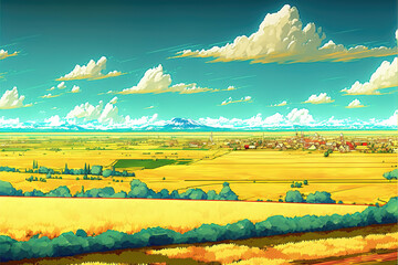 a beautiful autumn landscape illustration with a small town in background, manga art, generative ai technology