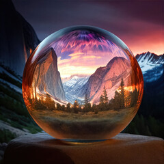 Yosemite National Park valley seen through a glass sphere (generative AI)