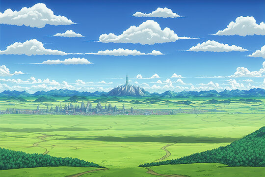 a beautiful anime fantasy illustration of a landscape with a modern city in background, generative ai technology
