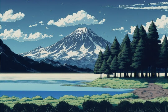 a big mountain with snow in background and a lake in front, anime style, generative ai technology