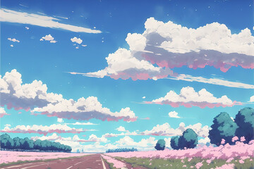 a pink inspired manga landscape illustration, generative ai technology
