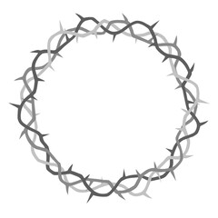 Round frame in the form of a crown of thorns with thorns in a flat design style in gray colors isolated on white. Vector illustration.