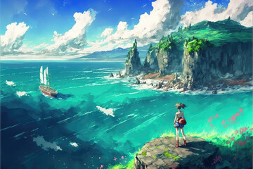 a brave pirate girl standing on a hill and watching the sea, ship is leaving the beach, generative ai technology