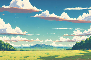 an anime landscape illustration, simple and clean, generative ai technology - obrazy, fototapety, plakaty