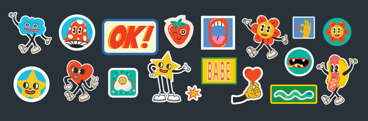 Fashion patch badges with lips, hearts, speech bubbles and other elements. Vector illustration set of stickers, pins, patches in cartoon 80s-90s style.