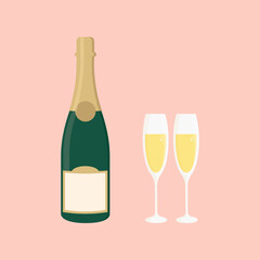Champagne bottle with glasses. Two flutes filled with drink. Flat vector illustration.