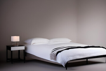 bed in a hotel. bed in a hotel. bed in a room. bed in a bedroom. bed with pillows. bedroom. bed concept. bedroom concept. bedroom background. AI generated.