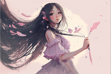 an asian cute girl with very long hair and pink leaves blowing through the picture, generative ai technology