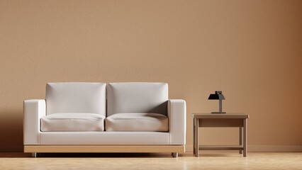 Modern minimalist interior with comfortable sofa. 3d render interior