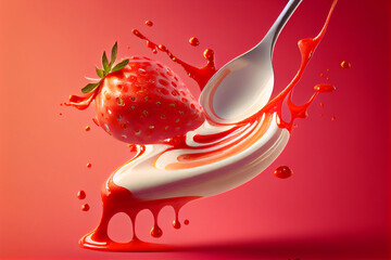 Erdbeere mit Milchspritzer auf einen L&ouml;ffel isoliert auf roten Hintergrund - Generative Ai
