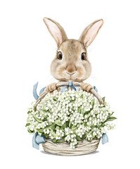 Watercolor vintage Easter bunny rabbit holding bouquet of flowers lilies of the valley in wicker basket isolated on white background. Watercolor hand drawn illustration sketch