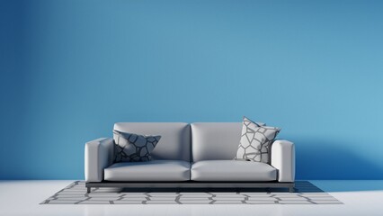 Modern interior concept with comfortable sofa. 3d render minimalist interior with blue wall and white floor