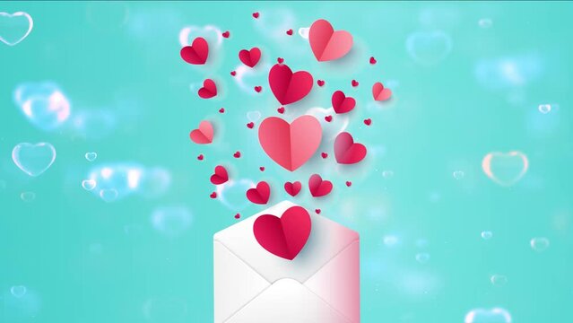 blue background with red hearts floating with white envelope