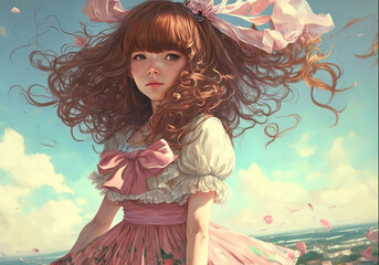 a young 19th century french girl in a pink dress, generative ai technology