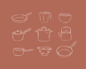 Kitchen appliances for everyday cooking drawing in graphic style on coral background