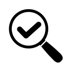 Successful search icon. Magnifying glass with check mark symbol in flat. Magnifier symbol on white. Simple abstract magnifier icon in black. Vector illustration for graphic design, Web, UI, mobile app
