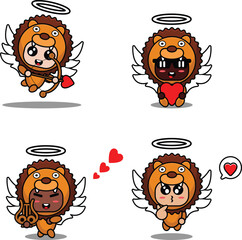 vector illustration cartoon animal mascot costume character lion cupid set bundle