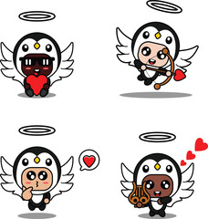 vector illustration cartoon animal mascot costume character penguin cupid set bundle