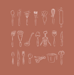 Kitchen utensils to prepare food and bakery drawing in graphic style on coral background