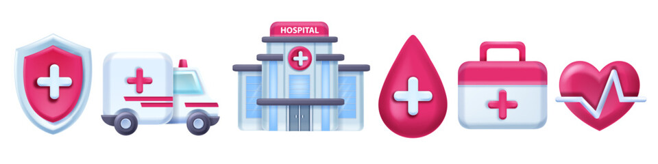 3D medic icon set, pulse line pharmacy hospital pictogram, vector ambulance car, medical heart. Emergency help concept, treatment aid case, pills, blood bag, cardio sign. 3D medical object kit © Oleksandra