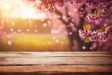 Naklejka na ściany i meble Spring banner, branches of blossoming cherry, sakura tree, generative by AI 