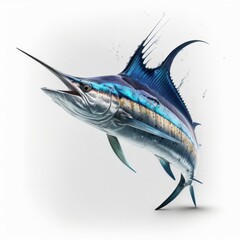 Detailed illustration of a blue marlin swordfish jumping out of the ocean isolated on a white background, generative ai