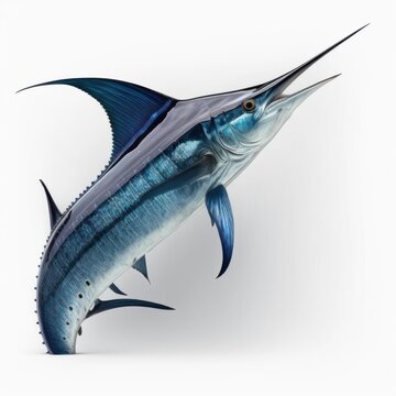 recommend clip art: Detailed illustration of a blue marlin swordfish jumping out of the ocean isolated on a white background, generative ai