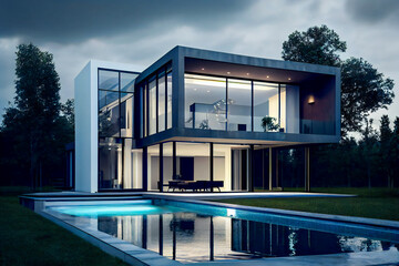 Exterior of a luxury house with swimming pool.  Modern  Villa.   Generative AI.