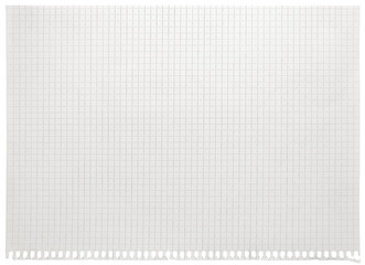 Checked spiral notebook page paper background, old aged white chequered ring binder sheet flat lay A4 copy space, isolated horizontal grey squared pattern maths notepad, torn out stapled blank empty