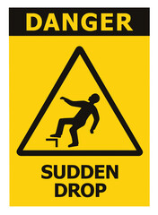 Sudden Drop Danger Warning Text Sign Icon Label, Black Triangle Over Yellow, Isolated Triangular Falling Injury Hazard Risk Caution Occupational Safety And Health Sticker Signage OSHA Concept, Large