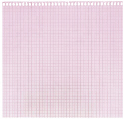 Checked spiral notebook page paper background, old aged pink chequered ring binder sheet flat lay copy space, horizontal squared pattern maths notepad torn out isolated blank empty blocknote notepaper