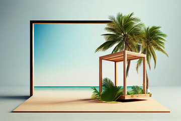 Empty nature wooden stand and Empty mockup, Copy space banner for text, blur beach summer season and coconut tree background. Product presentation, Generative AI.